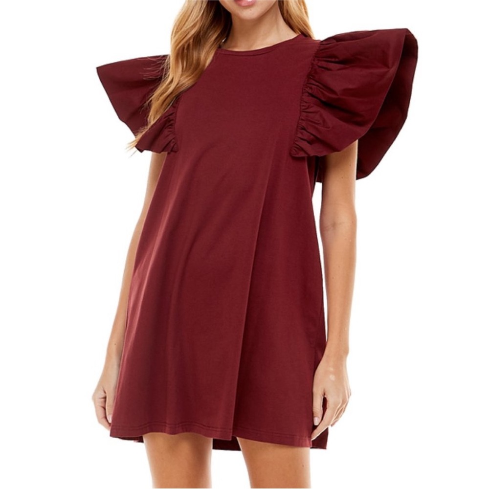 TCEC || Ruffle Sleeve Mini Dress Gameday Tailgate Crimson Maroon Burgundy‎ Red S